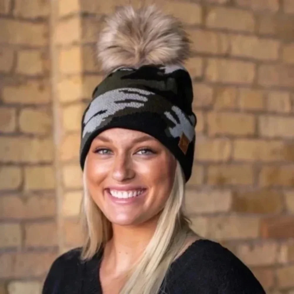 SOLD OUT Olive Camouflage Fleece Lined Knit Faux Fur Pompom Beanie Women's - Picture 2 of 4